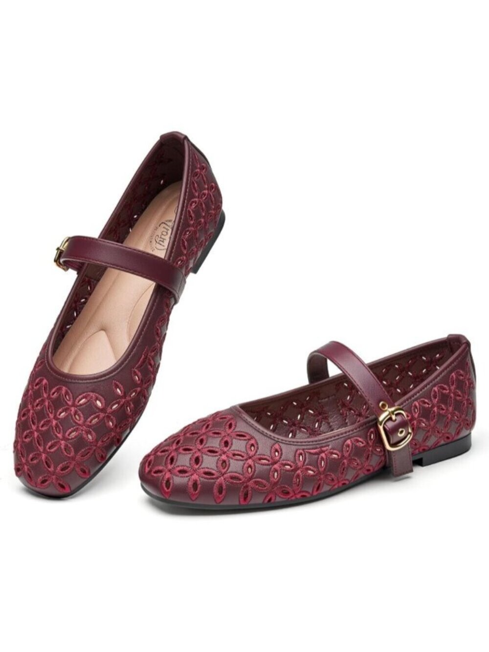 Women's Burgundy Mary Jane Hollow Flats Round Toe Ankle Strap Comfortable Shoes